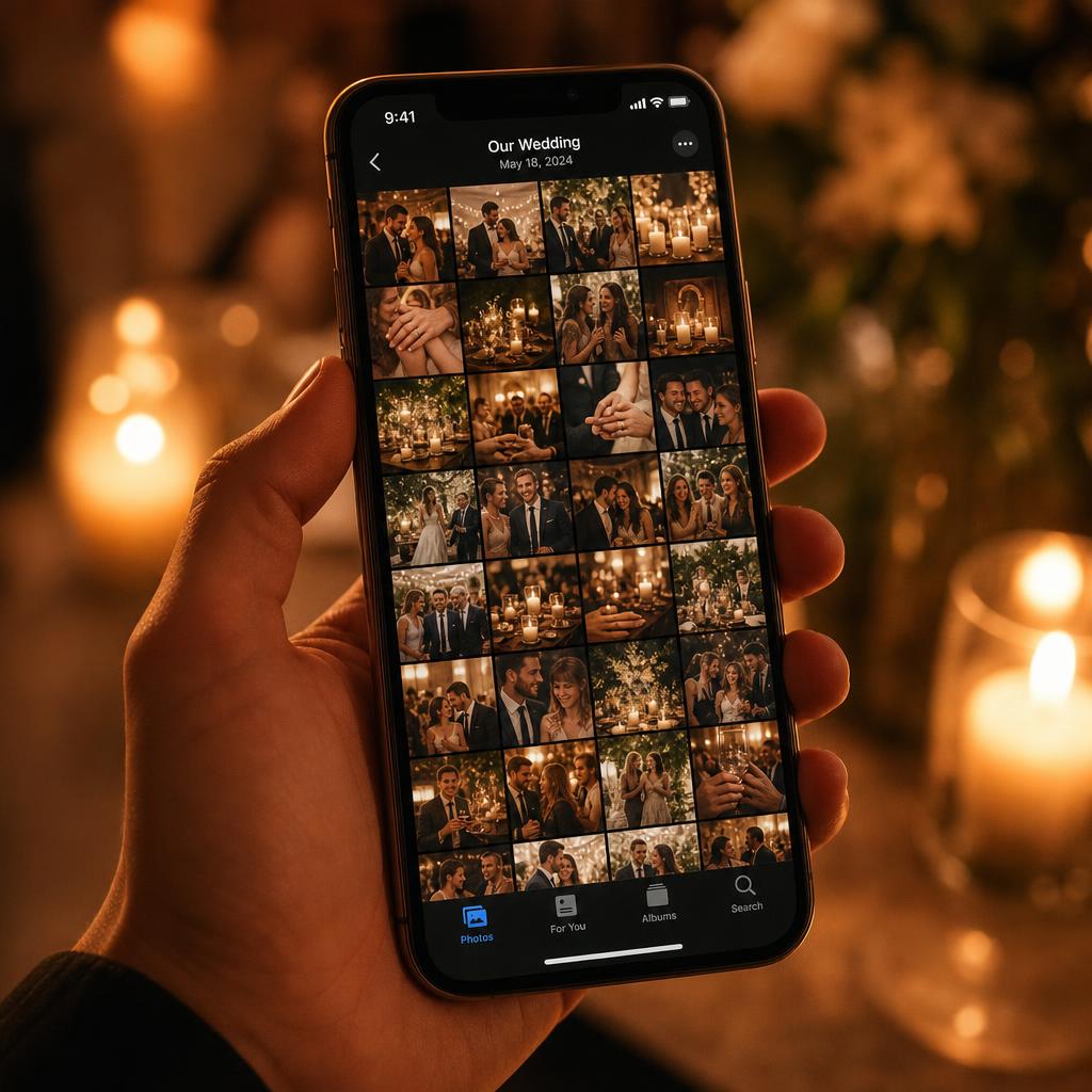 Smartphone in candlelight showing a packed event photo album grid